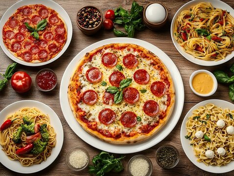 Delicious italian feast of pizza and pasta cozy restaurant food photography warm ambience top-down view - Powered by Adobe