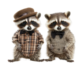 Forest encounter raccoons in costumes isolated on transparent background png