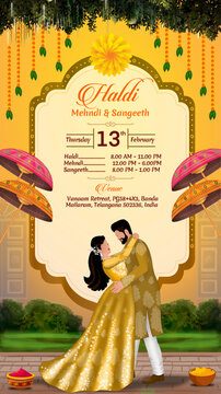 Haldi and Mehandi Ceremony Invitation with Illustrated Indian Couple and Traditional Decor