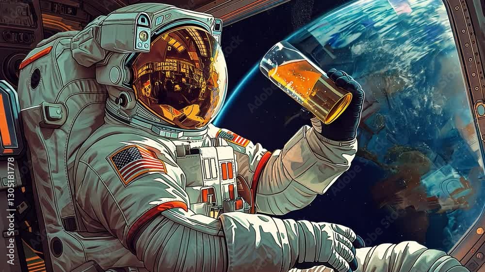 Poster this astronaut relaxes with a beverage as the earth fills the view outside the spacecraft.