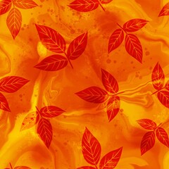 Abstract Hand Drawing Leaf Silhouettes Seamless Textile Pattern with Digital Painting Watercolor Tie Dye Marble Background