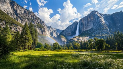 Fototapeta premium Water flows powerfully from a towering cliff into a serene green valley dotted with wildflowers, while a rainbow arcs through the mist in Yosemite National Park, surrounded by majestic mountains