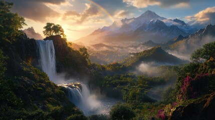 Fototapeta premium A stunning waterfall cascades down rocky cliffs surrounded by vibrant trees and flowers. The sun sets in the background, casting a warm glow, while a rainbow arches across the sky