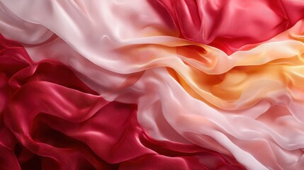 Obraz premium Textured fabric undulates gracefully with soft waves of red, pink, and yellow hues, showcasing a blend of colors and sheer material that captures light beautifully