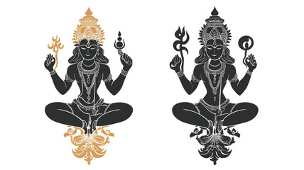 Obraz premium The image contains two stylized illustrations of a seated deity figure. Both figures are presented in a similar pose, holding symbolic objects in their hands. One figure is rendered in shades of