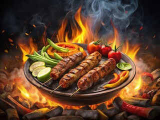 Delicious Adana Kebab Grilling on Charcoal BBQ with Colorful Vegetables - Turkish Cuisine