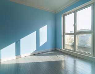 Obraz premium an empty pale blue room with morning sunlight streaming in from the window