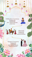 Traditional Wedding Itinerary Invitation Card with Pellikuthuru, Bharath, and Sangeet Ceremony Illustrations and Floral Decor
