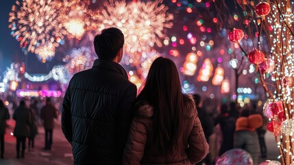 Fototapeta premium A couple stands close together, admiring a spectacular fireworks show at a lively festival. The night is bright with colorful lights and lanterns, creating a festive atmosphere