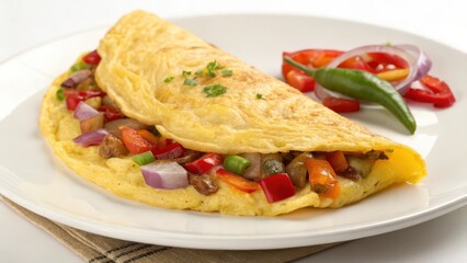 Omelette with Vegetables and Meat Filling on White Plate