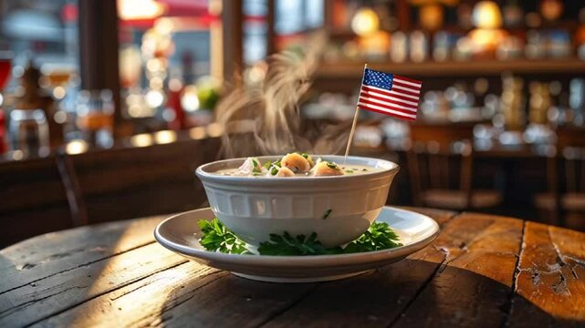 delicious clam chowder soup on a table in a cafe, american flag
