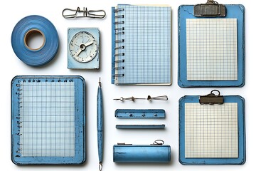 Blue Stationery Set Flatlay White Background