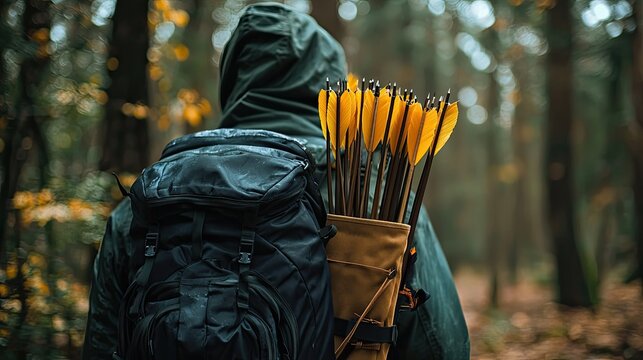 A quiver of arrows slung over the shoulder of a person standing in a forest.