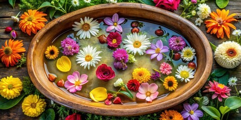 A delicate ceramic tray filled with stagnant water, surrounded by vibrant flowers and foliage, creating a striking contrast between beauty and decay , flower, nature