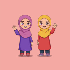 Two Cartoon Girls Wearing Hijab Waving on Light Pink Background