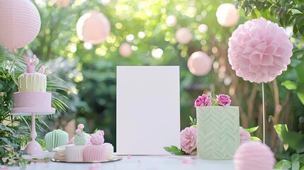 A realistic blank white invitation mockup, size is 5 by 7 inches in portrait orientation during a garden party birthday celebration, with pastel pink and green decorations