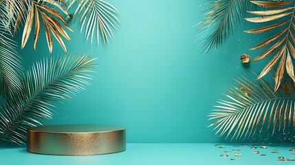 Gold pedestal, palm fronds, and confetti on teal surface, studio background