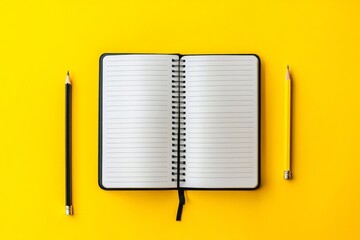 Open notebook and pencils on yellow background (1)