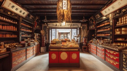 Traditional Chinese Medicine Shop Interior with Red and Gold Decor