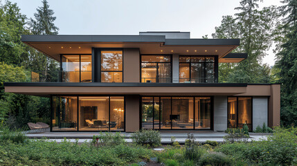 Fototapeta premium A contemporary Home With Facade Large Windows, Surrounded By Minimalist Landscaping