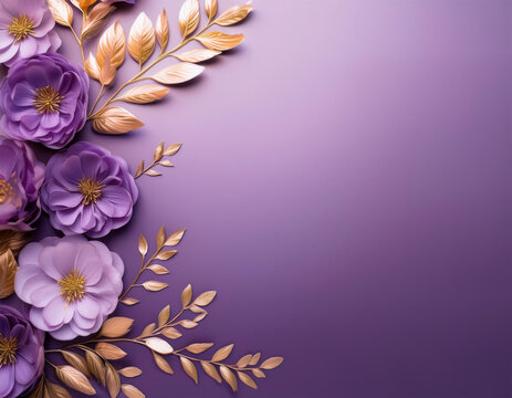 a soft gradient background with plum royale colored flowers delicately arranged on the right decorated with small golden leaves with space for your text