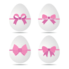 Illustration of a set of Easter eggs with a pink bow on a white background.