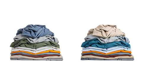 Two Distinct Styles of Pile of Unfolded Clothes on White, Relaxed and Easygoing Look, PNG Transparent