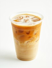 Iced Coffee Drink with Milk in Clear Plastic Cup on White