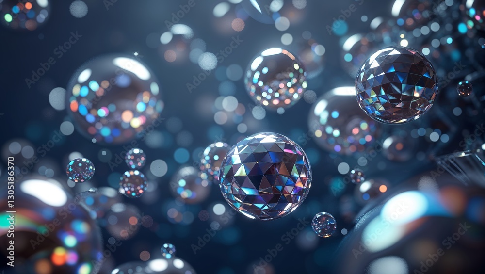 Poster colorful spheres float in a dark background creating a mesmerizing visual display of light and refle