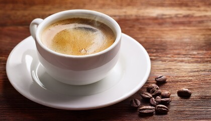 coffee in white cup on wooden table