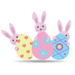 Illustration of cute pink Easter bunnies with colorful eggs on white background.