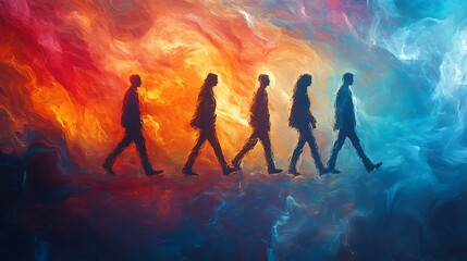 Obraz premium A dreamlike abstract digital painting of four people walking, their forms melting into soft, flowing brushstrokes, painted in an ethereal mix of vibrant colors, soft yet energetic,