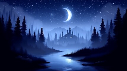 Serene Night Castle Beside a Misty Forest River