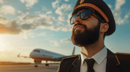 Pilot in sunglasses airport professional portrait sunset close-up aviation pride
