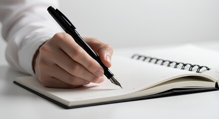 A close-up of a person's hand holding a black fountain pen, writing in a sleek, modern notebook on a clean white desk