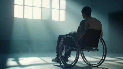 Young patient sitting on wheelchair looking out window in hospital room illuminated by sunlight, conveying feelings of hope, recovery, and contemplation - Powered by Adobe