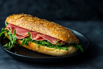 Delicious Ham and Arugula Sandwich on Baguette Bread for Lunch