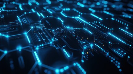 Fototapeta premium Abstract circuit board, glowing blue lines, digital technology, futuristic background. Use Stock photo for technology, innovation, or electronics