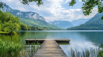 A serene lakeside scene with a wooden pier stretching into the water and mountains in the background.