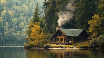 Fototapeta premium A cozy lakeside cabin with smoke rising from the chimney