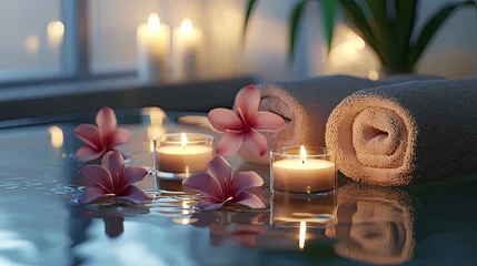 Fotobehang a set of candles on a table with towels and flowers, water themed, like in a spa area, ultra-detailed, 8K, highly realistic, fotorealistic © Veayo
