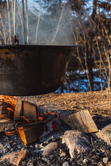 Outdoor Cooking Setup with Large Iron Pot Over Fire in a Forest Setting