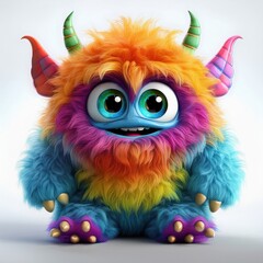 Fototapeta premium Colorful furry monster with big eyes and vibrant horns displays playful character