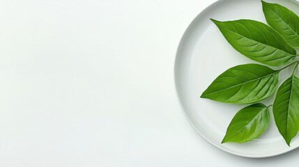 Fresh green leaves arranged on a white plate against a white background. High angle, close up view with copy space.
