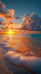 Waves crash on sandy beach at bright sunrise