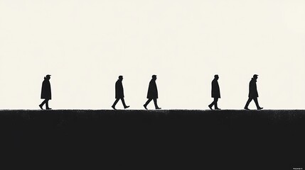 Fototapeta premium A striking high-contrast black-and-white graphic of four diverse figures walking, minimalist line art, bold negative space design, sleek vector aesthetic, professional yet artistic composition,