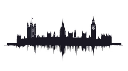 A stylized black and white illustration depicting the London skyline as a silhouette.  The buildings are simplified, creating a graphic representation. The base of the image features a stylized