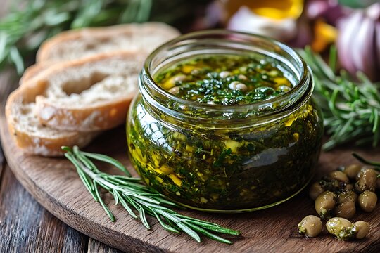 Herb oil in jar, bread, kitchen table, rosemary