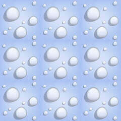 Realistic water drops on a light blue background. Seamless pattern, print, vector illustration