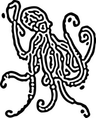 Highly detailed black and white stylized octopus illustration composed of organic maze-like lines. Artistic marine-themed graphic evoking mystery, complexity, and movement